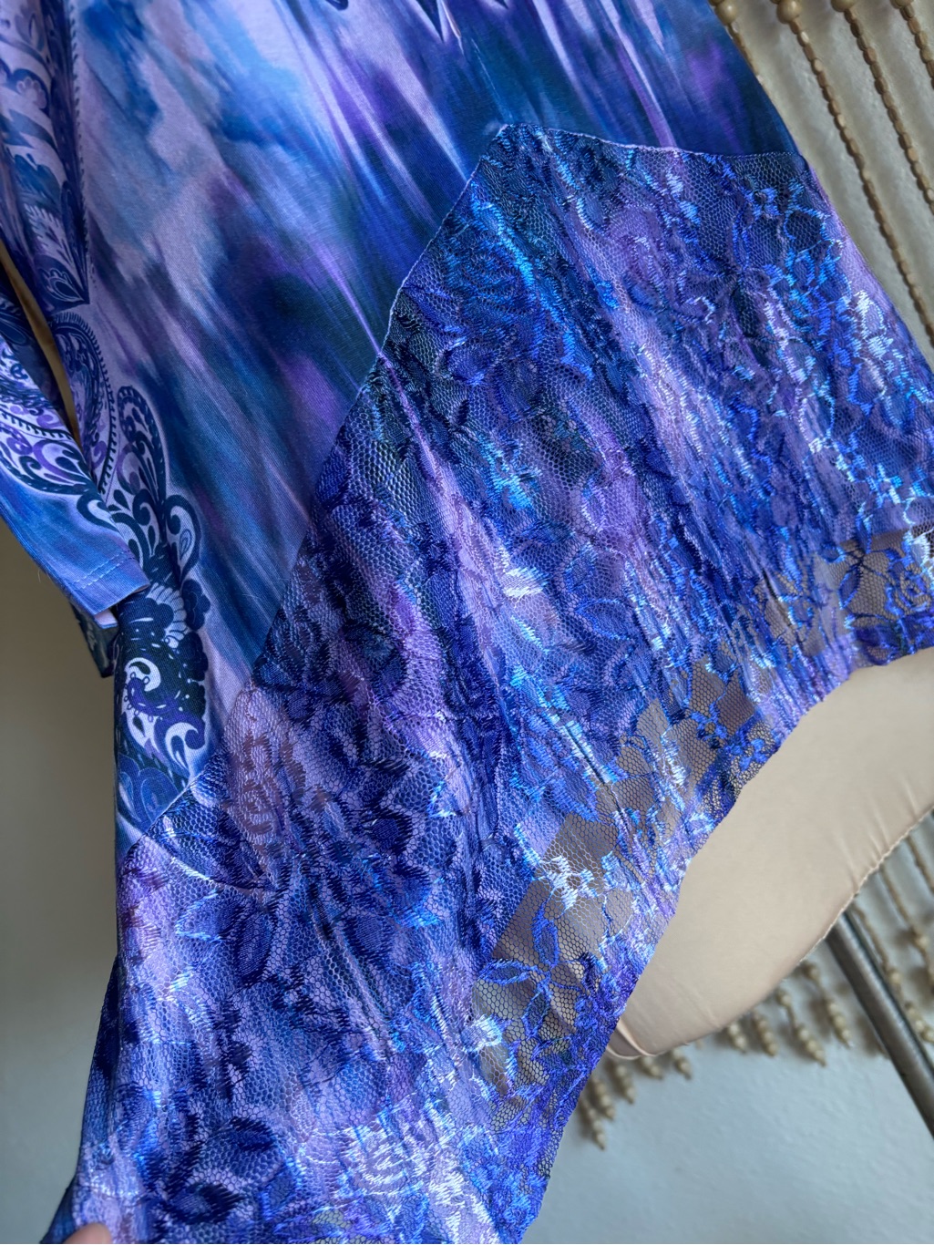 Oneworld Y2k Sublimation Blue Purple Vibrant Tie Dye Floral Lace Sharkbite Tunic — image 2 of 6